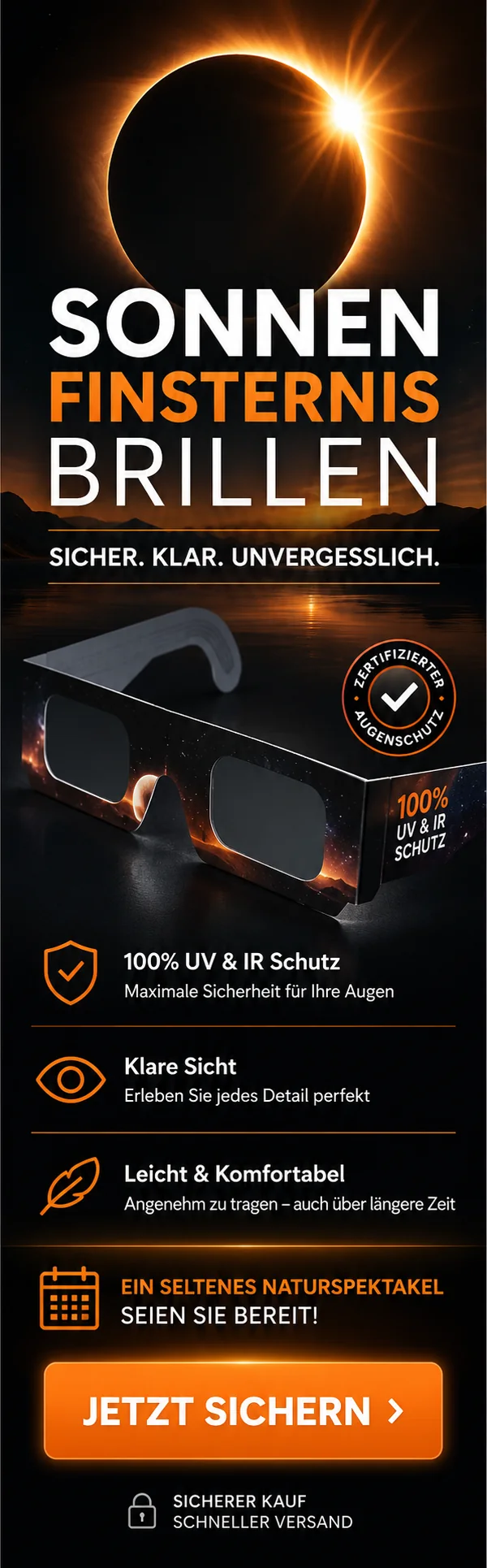 Sonnenfinsternis-Brillen mit zertifiziertem Augenschutz – jetzt sichern